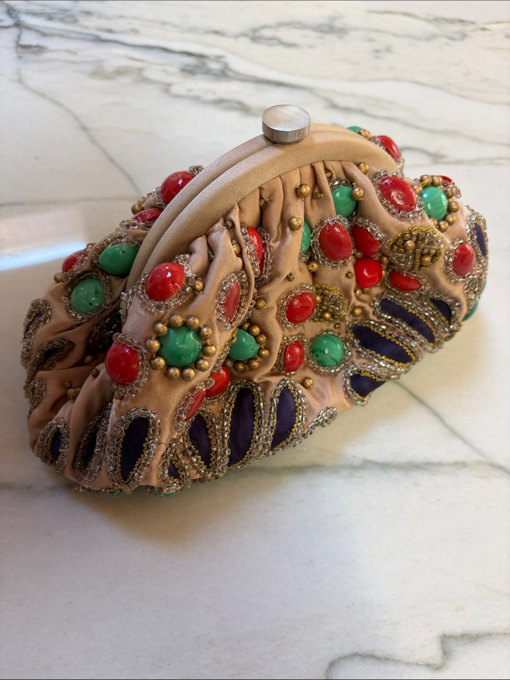 Santo beaded Embellished Floral Clutch, Beige, Turquoise & Red & Navy w chain